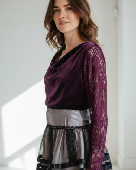 Top en velours bordeaux col bénitier Bonprix – Taille 38/40