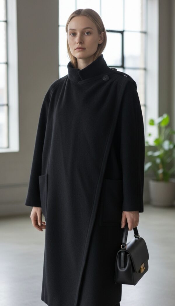 Magnifique manteau long noir de style vintage, doté d’une écharpe intégrée pour une allure élégante et structurée. Une pièce intemporelle, chic et facile à porter, idéale pour la saison automne/hiver.