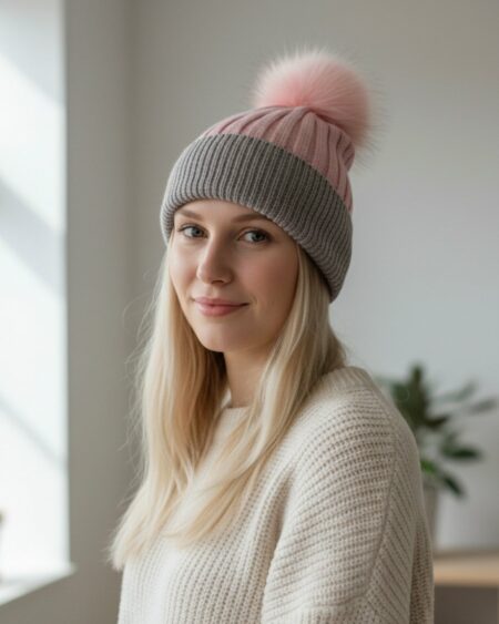 Bonnet en laine et angora – Rose et gris – Taille unique
