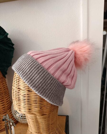Bonnet en laine et angora – Rose et gris – Taille unique