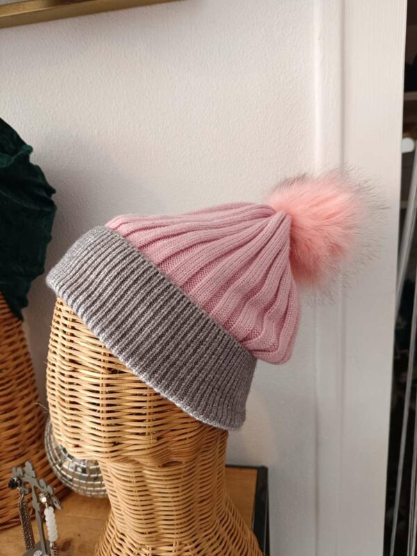 Bonnet en laine et angora – Rose et gris – Taille unique