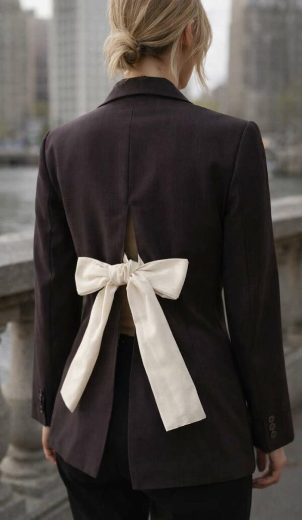 Blazer gris upcyclé dos ouvert – Nœud satiné bordeaux