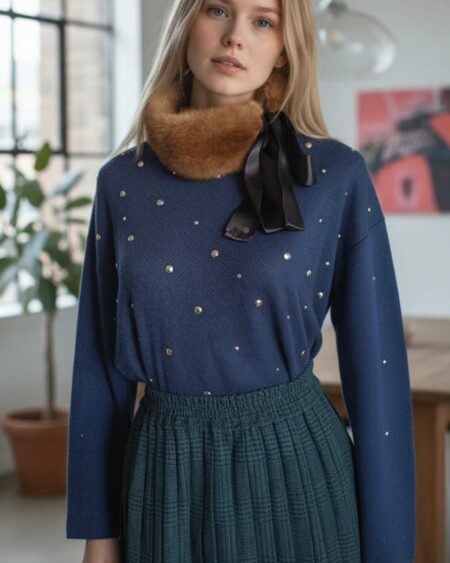 Maille bleu marine au style moderne, ornée de clous argentés qui apportent une touche tendance et lumineuse. Une pièce facile à porter, idéale pour dynamiser une tenue sobre tout en restant élégante. Cette maille de la marque Springfield présente une coupe confortable et se porte aussi bien avec un jean qu’avec une jupe pour un look casual chic.