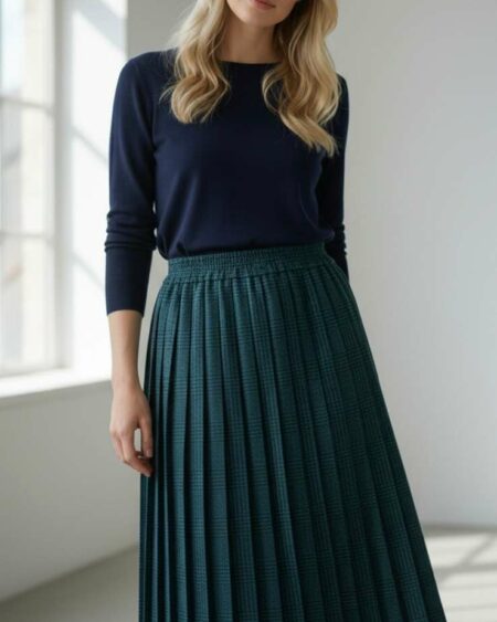 Jupe plissée vintage en laine à motif Prince de Galles, dans un élégant ton vert. Une pièce intemporelle et raffinée, idéale pour une allure chic et rétro.