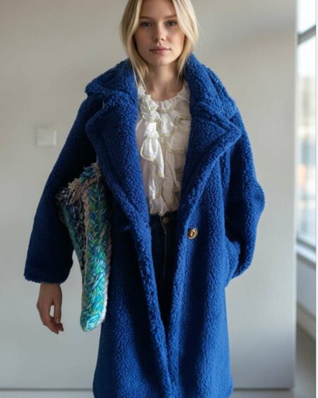 Manteau teddy bleu au style résolument chic et contemporain, issu de la marque de luxe Lulu s/m. Une pièce forte, à la fois tendance et élégante, idéale pour rehausser une tenue simple avec une touche mode affirmée.