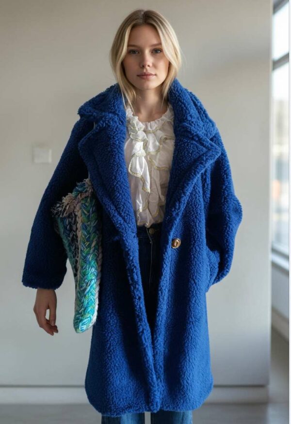 Manteau teddy bleu au style résolument chic et contemporain, issu de la marque de luxe Lulu s/m. Une pièce forte, à la fois tendance et élégante, idéale pour rehausser une tenue simple avec une touche mode affirmée.