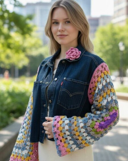 Veste en jean Levi’s upcyclée – Manches crochet – Taille 42/44