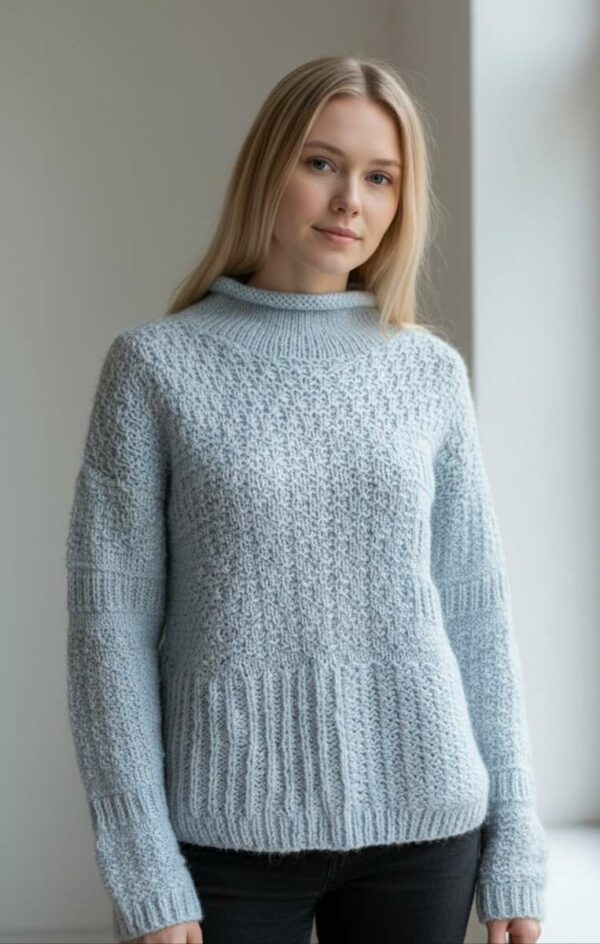 Pull tricoté bleu ciel – Vintage – Taille 40 – Oversize