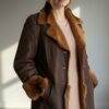 Manteau long en cuir vintage – Doublure fourrure – Taille 38
