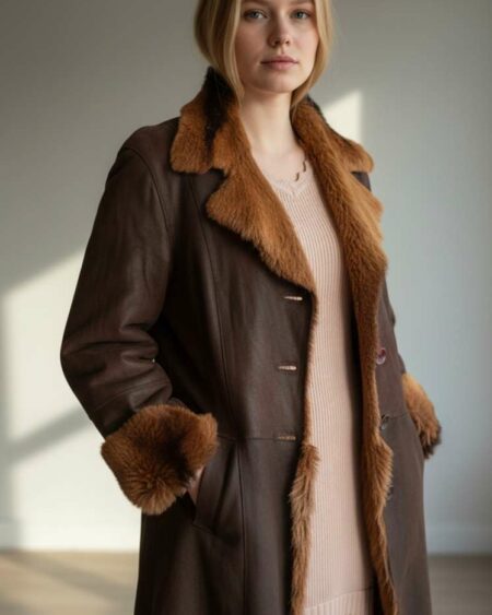 Manteau long en cuir vintage – Doublure fourrure – Taille 38