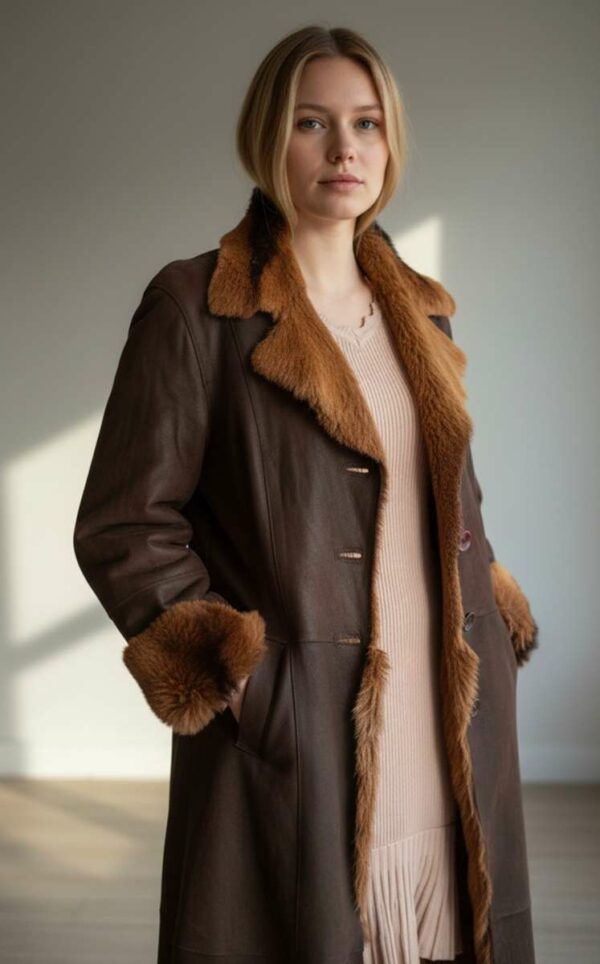 Manteau long en cuir vintage – Doublure fourrure – Taille 38