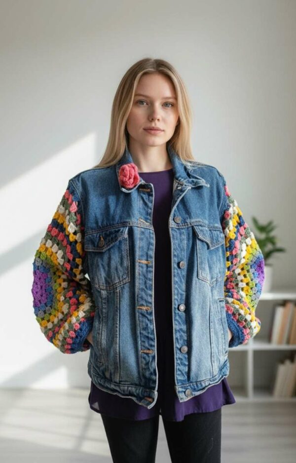 Veste en jean upcyclée à manches crochetées – Artisanale – Taille 38 (M)