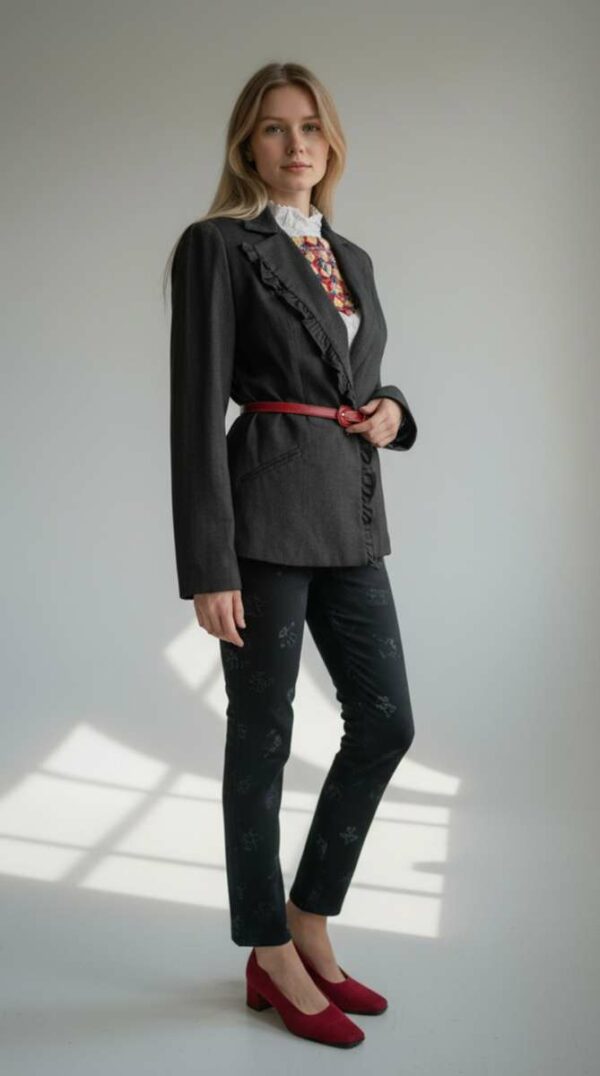 Description Blazer vintage noir au design asymétrique et à la coupe élégamment structurée. Son détail volanté sur le devant lui donne un caractère original et sophistiqué, tout en restant facile à porter. Une pièce forte qui transforme instantanément une tenue simple en look affirmé. Confectionné dans un mélange de polyester, viscose et élasthanne, il offre un bon maintien et un confort optimal. Blazer en très bon état, soigneusement sélectionné.