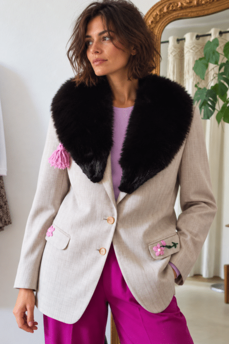 Blazer vintage upcyclé – col renard – pièce unique – taille 40