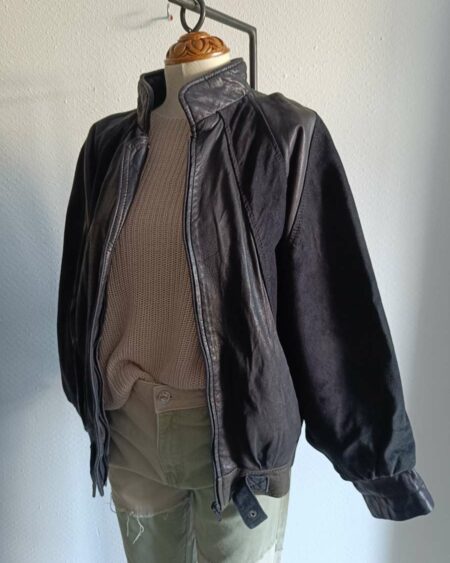 Veste bomber en cuir vintage noir – bimatière daim et cuir lisse Taille 38