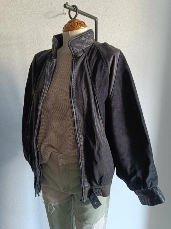 Veste bomber en cuir vintage noir – bimatière daim et cuir lisse Taille 38