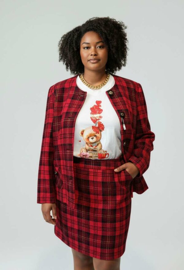 Tailleur vintage upcyclé à carreaux rouges – Taille 46