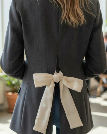 Veste grise Gérard Darel upcyclée, dos ouvert avec nœud