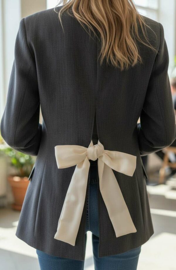 Veste grise Gérard Darel upcyclée, dos ouvert avec nœud