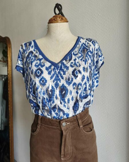 T-shirt motif aztèque bleu Grain de Malice – Taille 40