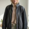 Veste bomber en cuir vintage noir – bimatière daim et cuir lisse Taille 38