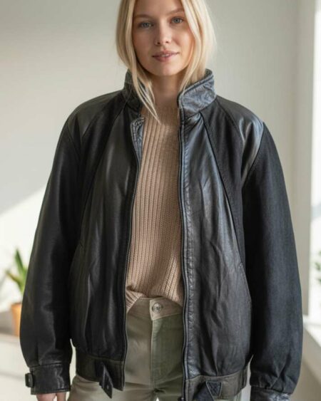 Veste bomber en cuir vintage noir – bimatière daim et cuir lisse Taille 38