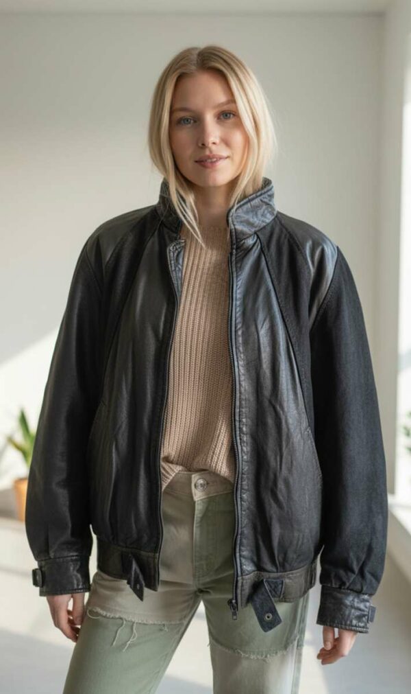 Veste bomber en cuir vintage noir – bimatière daim et cuir lisse Taille 38