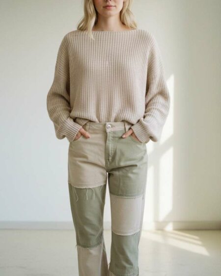 Jean patchwork kaki et beige en coton – Bershka