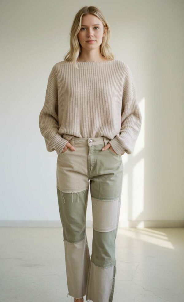 Jean patchwork kaki et beige en coton – Bershka