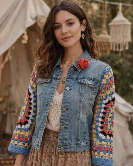 Veste en jean upcyclée à manches crochet – pièce unique – taille 40