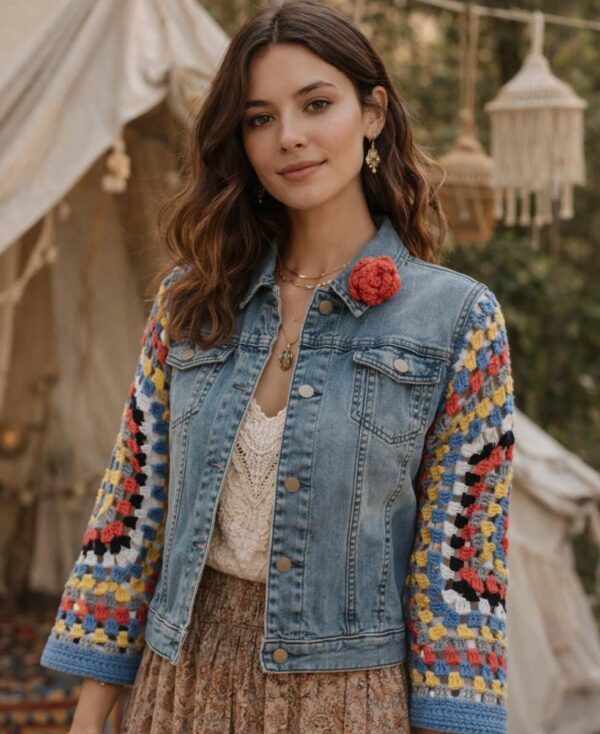 Veste en jean upcyclée à manches crochet – pièce unique – taille 40