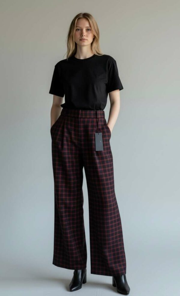 Description courte Pantalon à carreaux rouges et noirs, coupe large et élégante. Neuf avec étiquette, une pièce graphique et confortable pour un look affirmé.