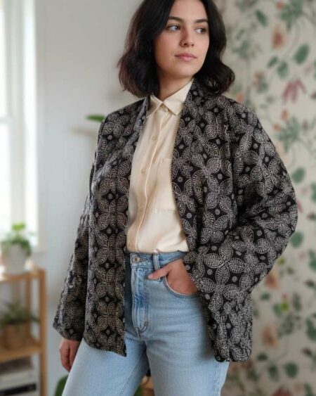 Kimono noir et blanc à motifs graphiques, taille 40. Léger, fluide et facile à superposer pour structurer une tenue.