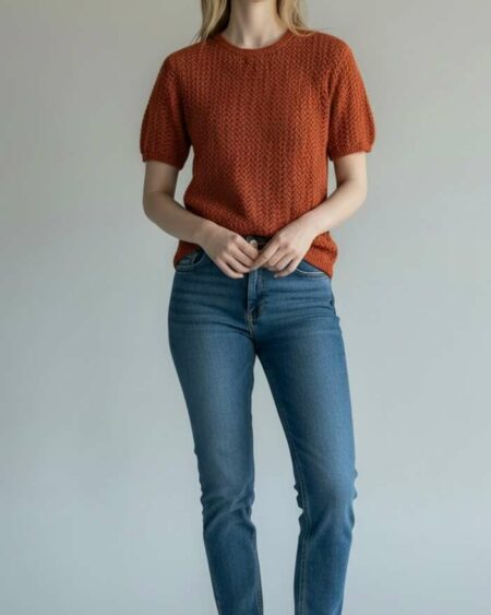 Pull vintage manches courtes maille ajourée – Taille 40/42