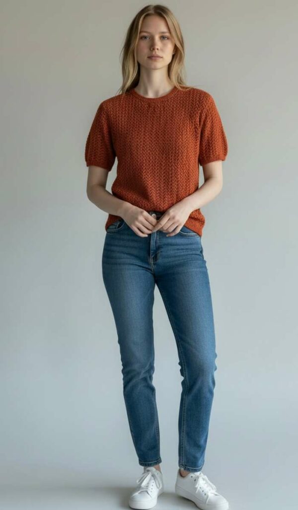 Pull vintage manches courtes maille ajourée – Taille 40/42