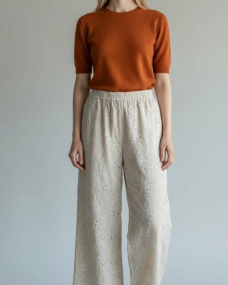 Pantalon brodé en coton neuf taille élastique – Taille élastique Description courte