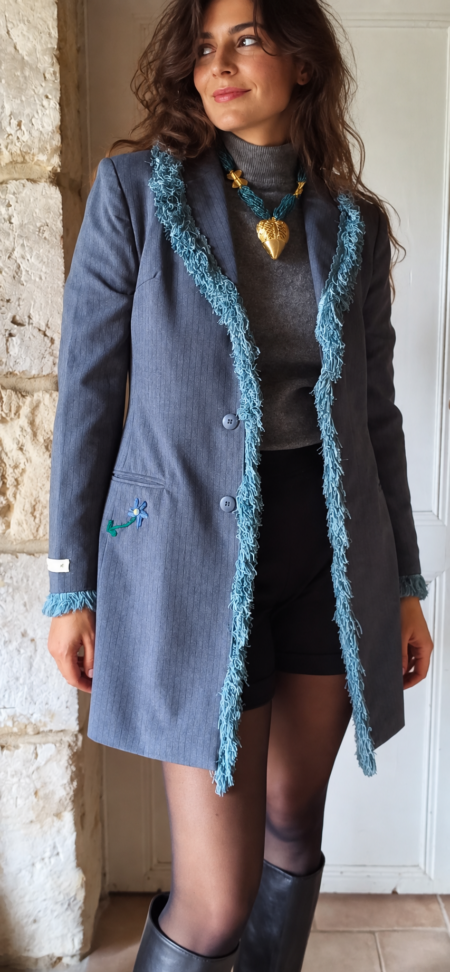 Blazer long gris upcyclé Rose & Marie – taille 38-40