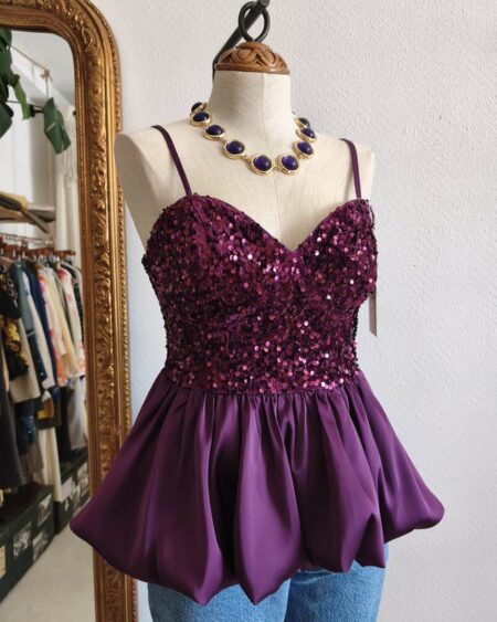Top violet sequins & satin T36 neuf – Bustier chic soirée & cocktail