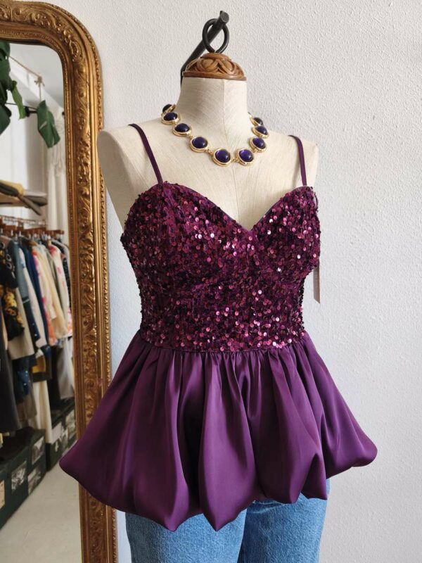 Top violet sequins & satin T36 neuf – Bustier chic soirée & cocktail