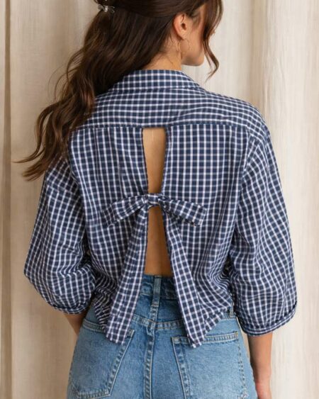 Chemise upcyclée carreaux bleu marine dos ouvert – Rose & Marie Essentiel – Taille 40