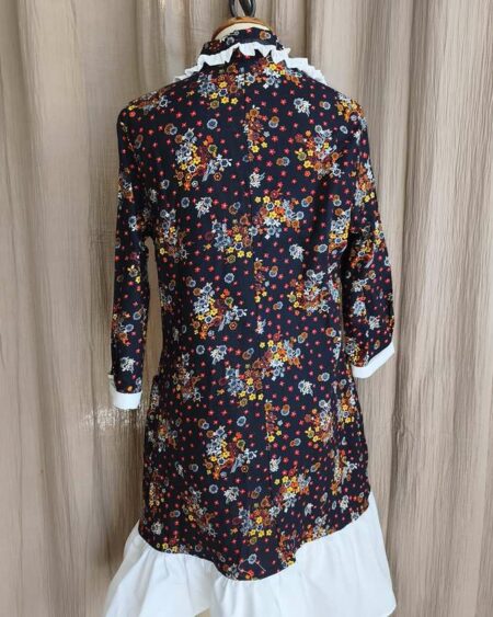 Robe upcyclée fleurie rouge & marine – coton – T38/40 – pièce unique