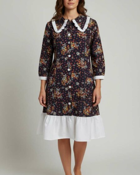 Robe upcyclée fleurie rouge & marine – coton – T38/40 – pièce unique