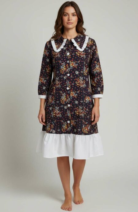 Robe upcyclée fleurie rouge & marine – coton – T38/40 – pièce unique