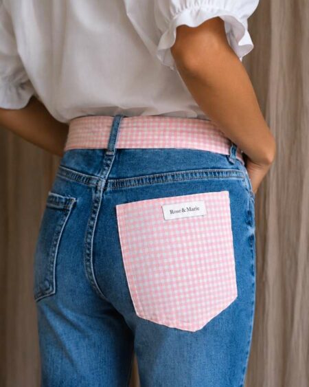 Jean flare upcyclé Rose & Marie – vichy rose