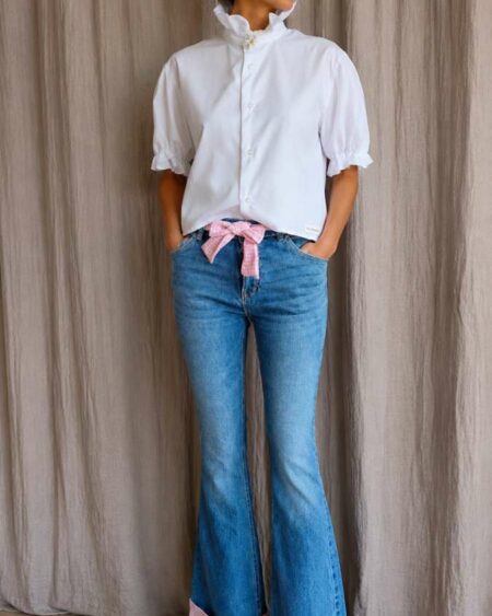 Jean flare upcyclé Rose & Marie – vichy rose