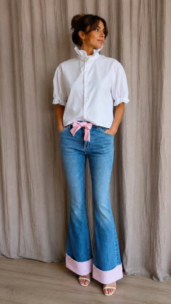 Jean flare upcyclé Rose & Marie – vichy rose