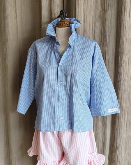 Chemise Collerette Vichy Bleu Ciel – Taille 36 à 42 – Collection Les Héritières
