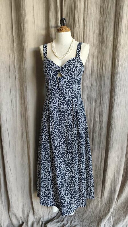 Robe dos ouvert bleu marine et blanc à motif floral – Taille 36