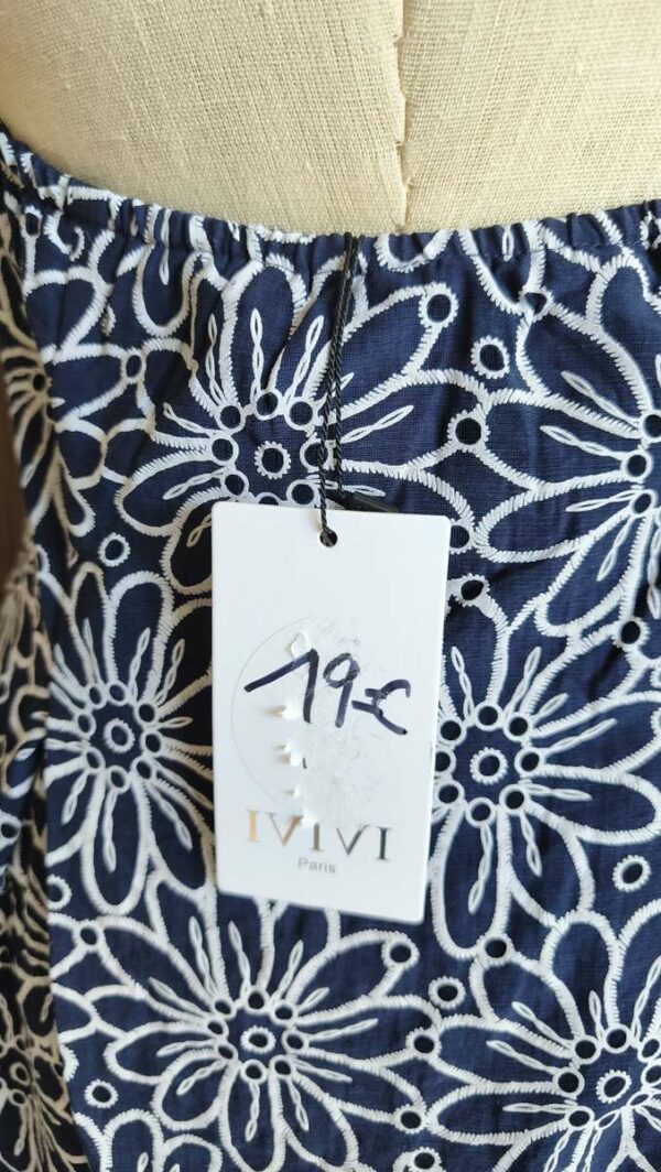 Robe dos ouvert bleu marine et blanc à motif floral – Taille 36
