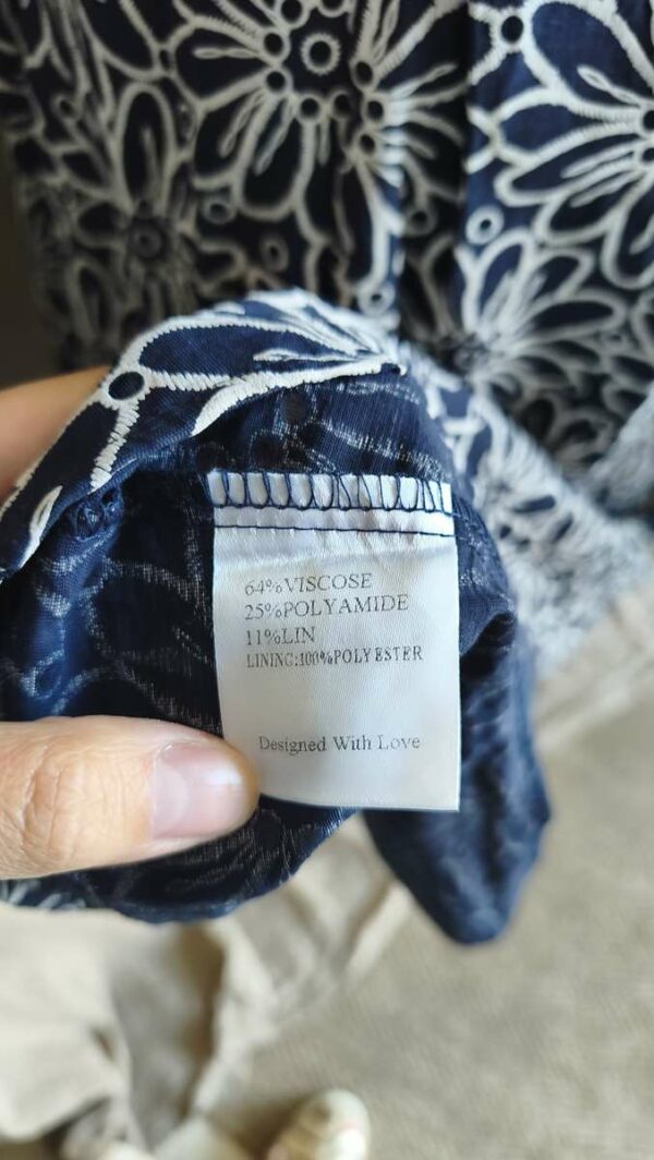 Robe dos ouvert bleu marine et blanc à motif floral – Taille 36